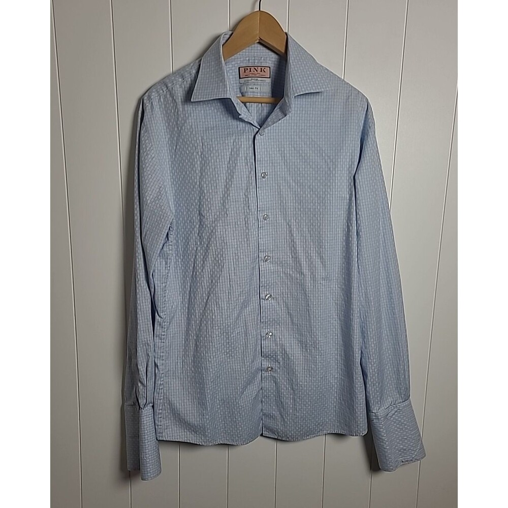 THOMAS PINK French Cuffs Blue White Cotton Men Dress Shirt Size 16.5 Designer